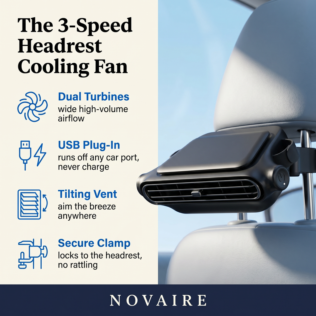 NOVAIRE™ Headrest Car Cooling Fan | USB & 3000mAh, 3 Speeds