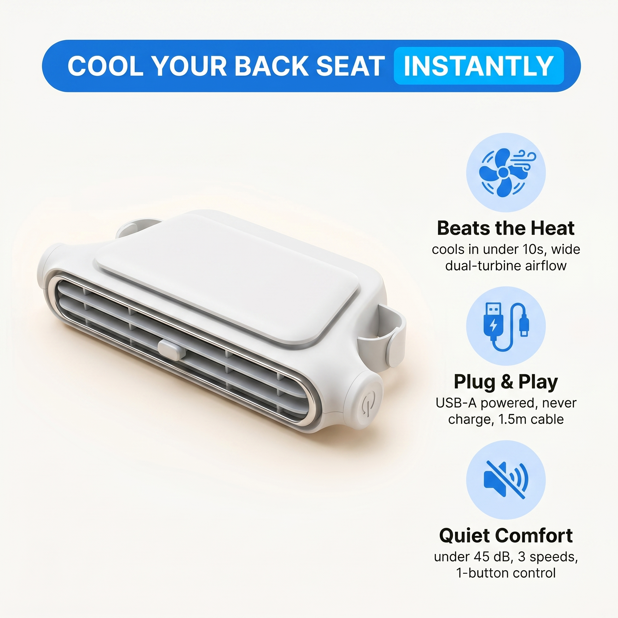NOVAIRE™ Headrest Car Cooling Fan | USB & 3000mAh, 3 Speeds